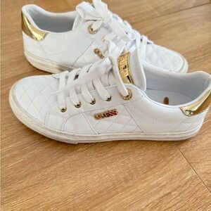Guess Women's White Sneakers with Gold Accents